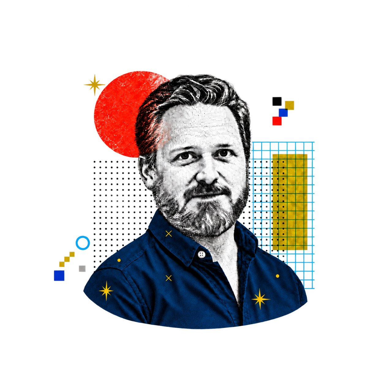 Keith Warther in the updated engraved portrait collage, with a cyan grid, blue outlined circle, and orange and golden geometric accents