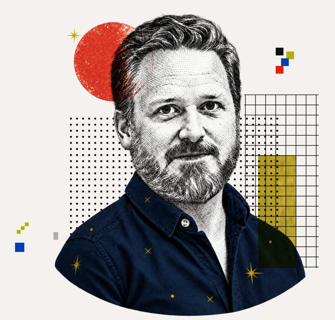 Keith Warther in an engraved portrait collage with geometric shapes